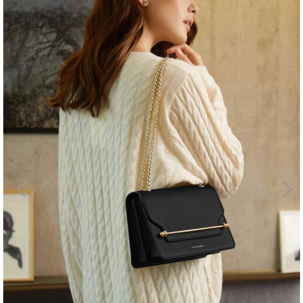 Strathberry East / West Bag in Black Leather and Gold Bar Hardware
